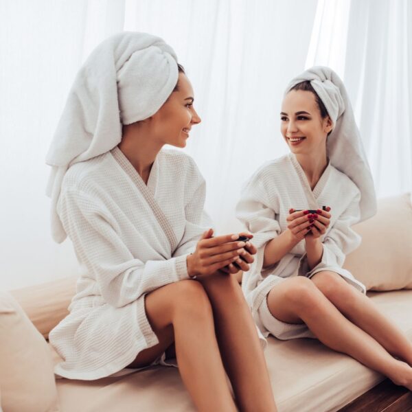 woman chatting at spa