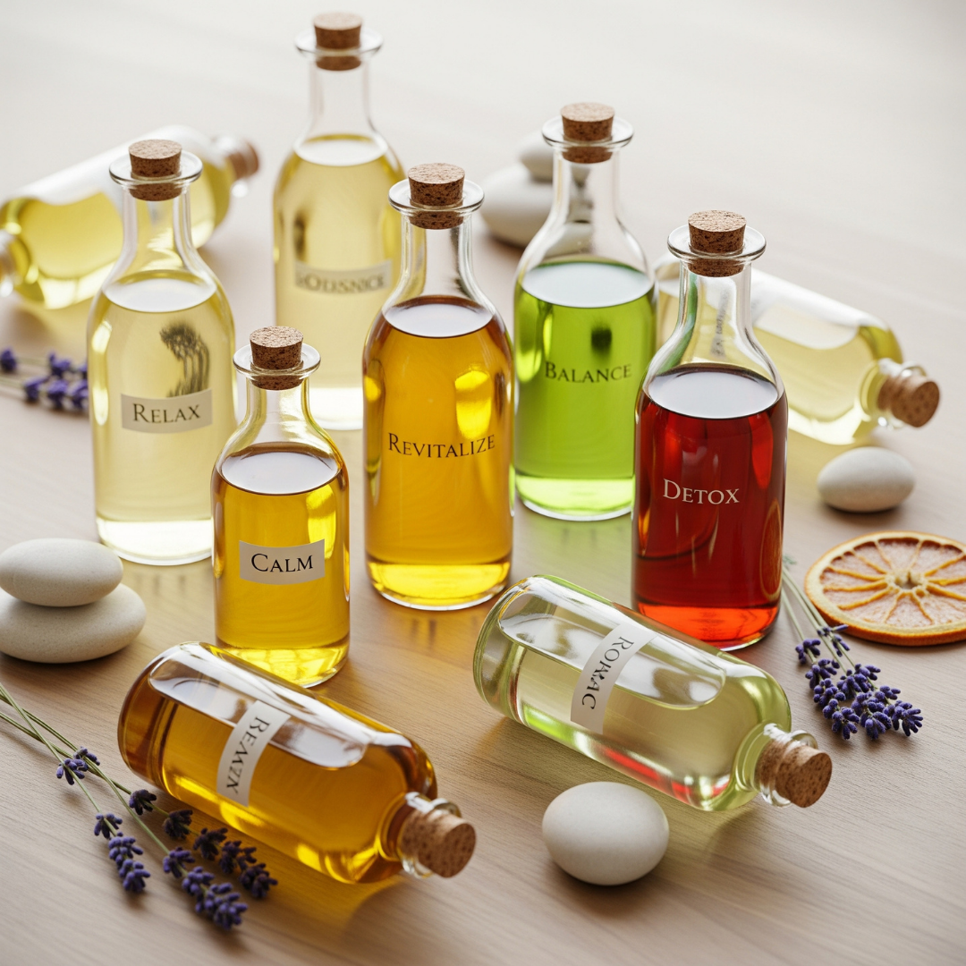 A beautiful arrangement of various massage oils in glass bottles