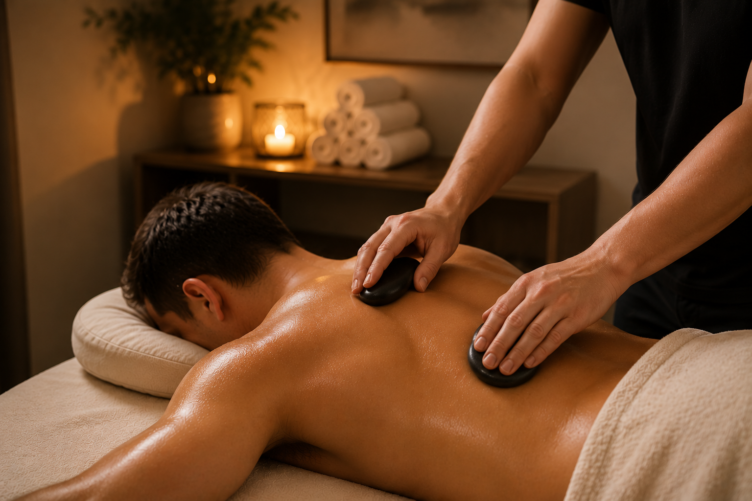 James performing a hot stone massage at Inner Beauty Concepts in Nashua NH