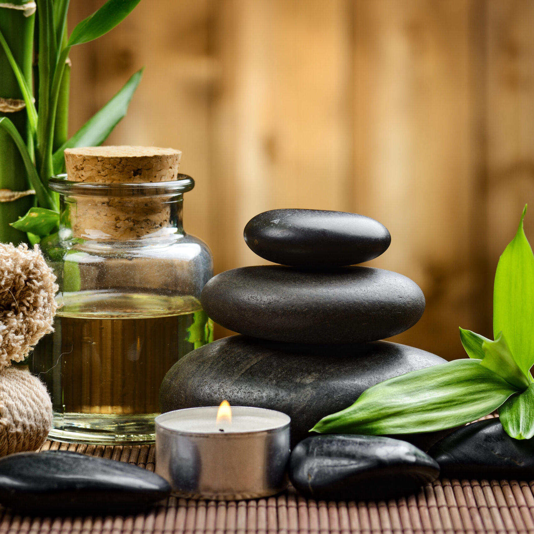 zen basalt stones and bamboo on the wood