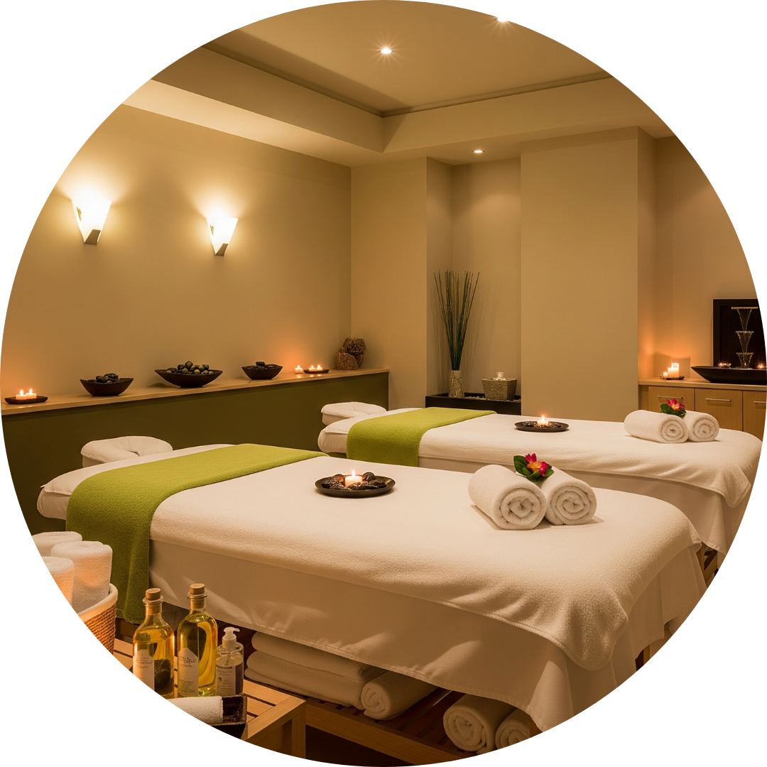 Two professional massage tables arranged side-by-side in a private room